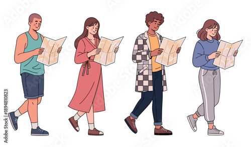 Diverse group of young adults reading maps on a trip