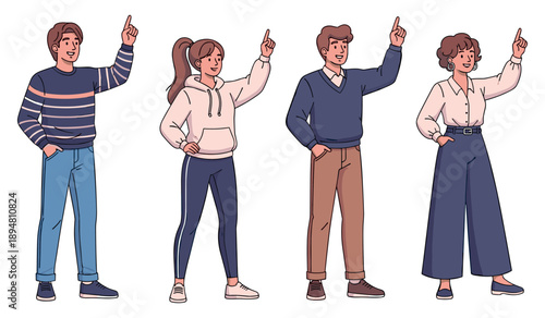 Diverse group of young adults pointing upward in casual clothing