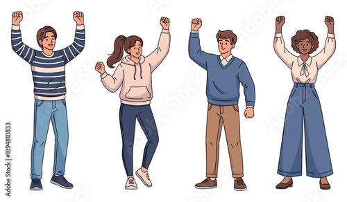 Diverse group of young adults celebrating with raised fists