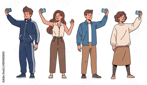 Diverse group of cartoon characters taking selfies with smartphones
