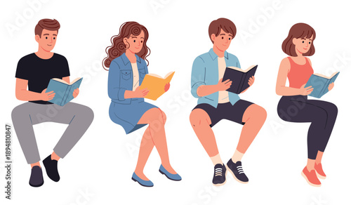 Young caucasian adults reading books sitting on invisible chairs