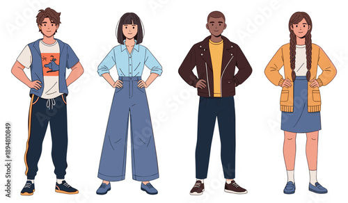 Diverse group of teens standing together with hands on hips