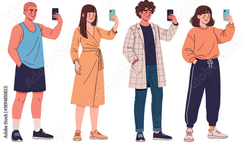 Diverse cartoon people taking selfies with smartphones