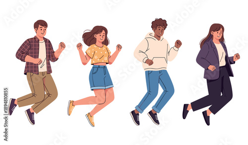 Diverse group of young people running in casual and formal attire