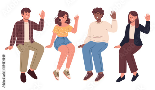 Diverse group of young adults sitting and waving in casual attire
