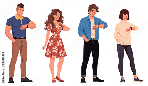 Young diverse adults checking time on watches in casual outfits