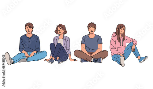 Group of young adults sitting on floor in casual clothing