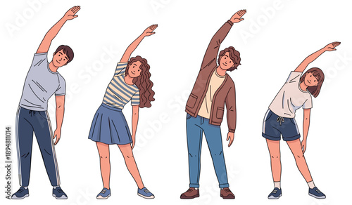 Group of young adults exercising with side stretches