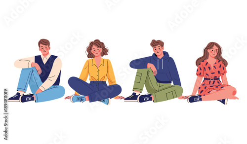 Cartoon group of diverse young adults sitting on the ground