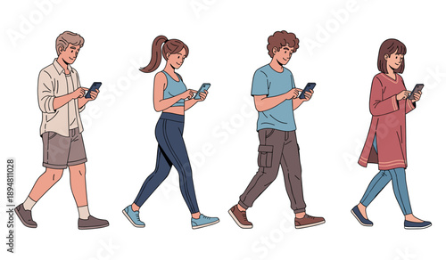 Group of diverse young adults using smartphones while walking