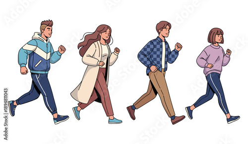 Cartoon young adults walking in casual clothing
