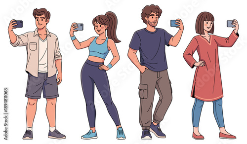 Group of young caucasian people taking selfies with smartphones