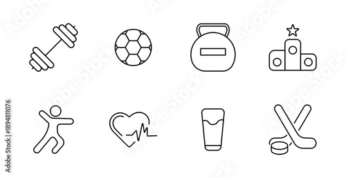 Sports and fitness set icon. Dumbbell, football, kettlebell, podium, dancing figure, heart rate, protein drink, hockey, sports equipment, physical activity