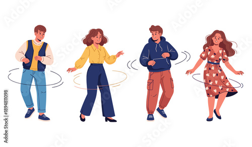 Cartoon group of diverse young adults enjoying hula hooping together