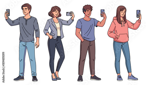 Diverse group of teens taking selfies in stylish casual outfits