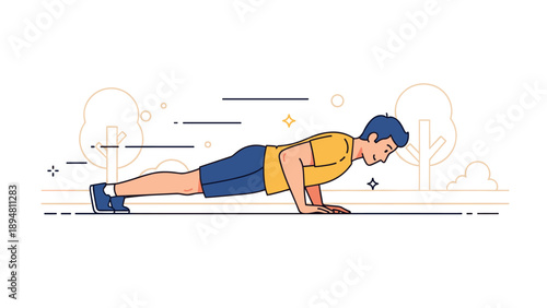 Young caucasian male performing outdoor push-up exercise in art style