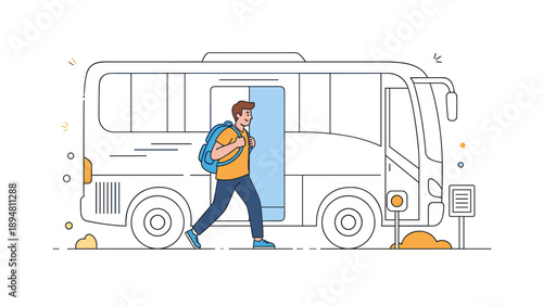Young caucasian male boarding bus with backpack illustration