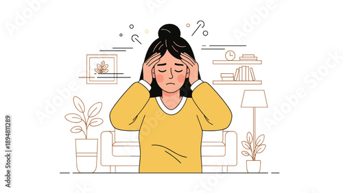 Young asian female experiencing stress in living room setting with hand on head