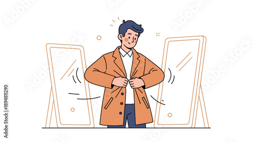 Young asian male trying on stylish coat in front of mirror