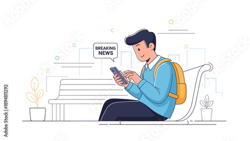 Asian male teen checks breaking news on smartphone while sitting on park bench