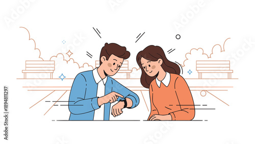 Young caucasian male and female colleagues discussing time with smartwatch outdoors