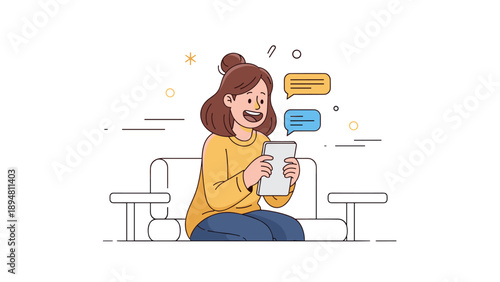 Young caucasian female enjoying tablet communication on sofa with speech bubbles