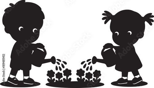 Cartoon Children Gardening Vector Set Watering Flowers and Nature Care