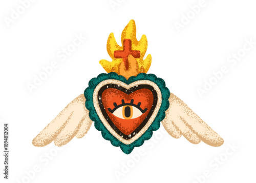 Mexican heart, love symbol. Corazon with fire flame crown with cross, esoteri...
