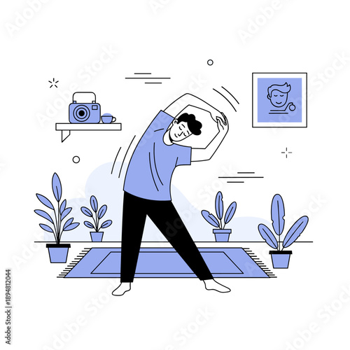 Young male exercising indoors with houseplants and camera decor