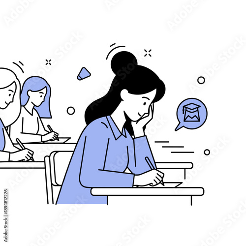 Asian female student concentrates on exam in classroom with classmates