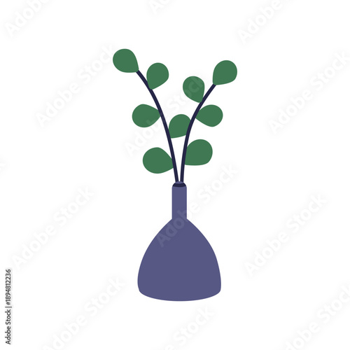 Leaf plant branch in ceramic vase. Eucalyptus sprigs, leafy stems, natural fl...