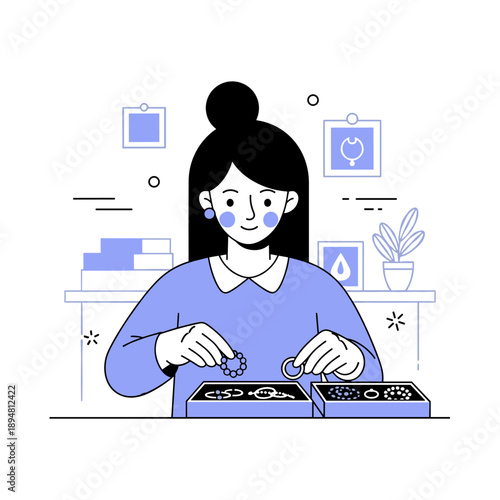 Asian female choosing jewelry in a store: rings and necklaces display