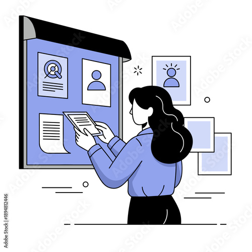 Woman reviewing information on bulletin board in office setting