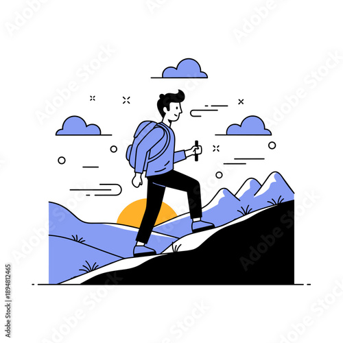 Male hiker trekking mountain trail at sunrise