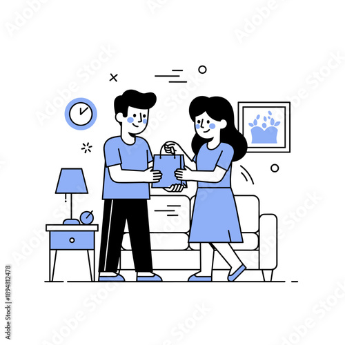 Happy caucasian young adult couple exchanging gifts in living room illustration