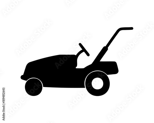 Black silhouette of a lawn mower with handle and steering wheel