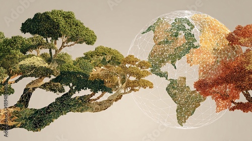 Composite image leafy trees intertwine, their branches merging with a digitized, interconnected globe representing continents