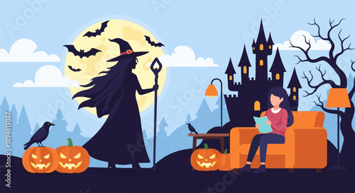 A spooky scene with a witch, pumpkins, bats, a castle, and a person reading