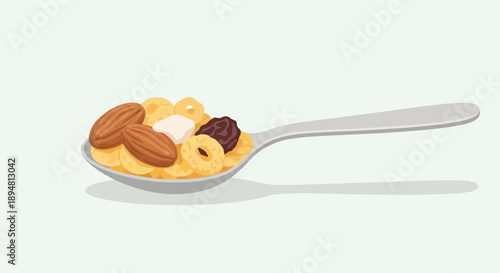 A spoon filled with cereal, almonds, raisins, and marshmallow pieces