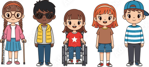 Diverse children cartoon illustration showing inclusive kids with different abilities ethnicities and styles 
