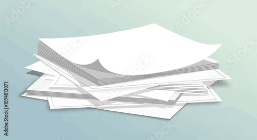 A stack of white paper sheets artfully arranged on a muted blue-green surface