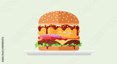 A stacked, multi-layered burger with drippy sauce on a white plate