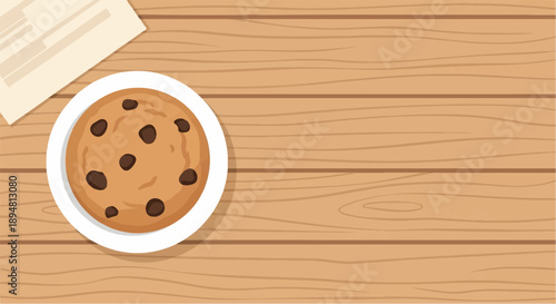 A single chocolate chip cookie rests on a white plate on a wooden table
