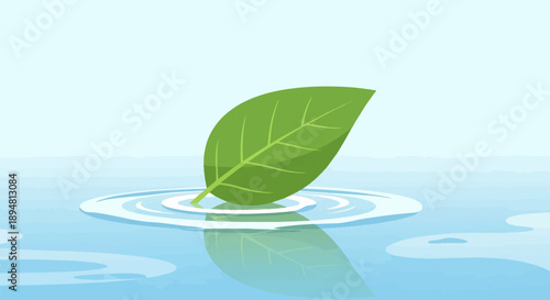 A single green leaf floats on gentle water ripples, casting a reflection