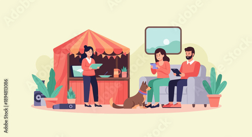 A stall attendant assists customers while a couple relaxes at home with their dog
