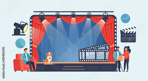 A stage setup with people, a dog, film reel, and clapperboard