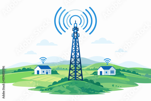 Communication tower providing wireless network coverage to rural homes and countryside landscape vector illustration