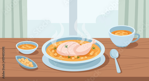 A steaming bowl of chicken soup with chickpeas and a side of more chickpeas