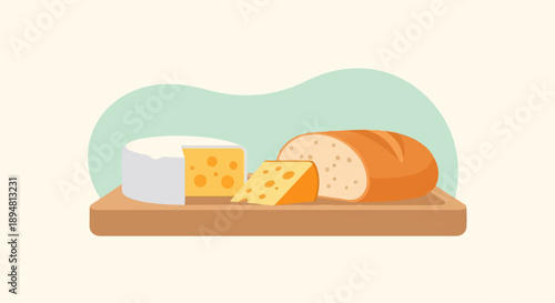 A round cheese wheel, a cheese wedge, and bread on a board