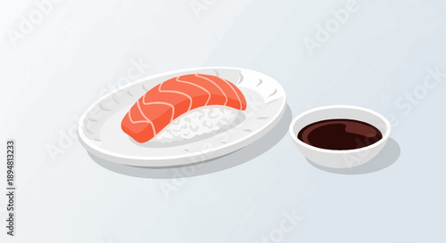 A single salmon nigiri sushi with a bowl of dipping sauce